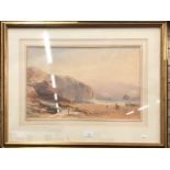 JWT - Coastal cliff and beach at sunset, watercolour, signed with initials