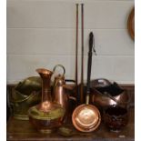 A brass coal scuttle and a copper scuttle, a bed-warming pan, skimmer, a ceramic pot, a conical