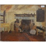 An oil on canvas genre view of a lady and gentleman in a cottage interior (unframed)