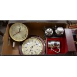 Two Smiths wall clocks, a Royal Selangor pewter tankard in presentation box and two other pewter