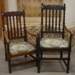 Two carved oak barley twist elbow chairs with toile de jouy style pad seats (one chair has been