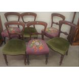 A set of six 19th century mahogany dining chairs, three with green dralon and three with floral