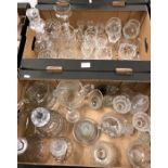 Two boxes of 19th century and later cut glass including water jugs, decanters, salts, circular ink