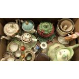 A mixed box of decorative china including teapots, majolica strawberry comport, figure etc.