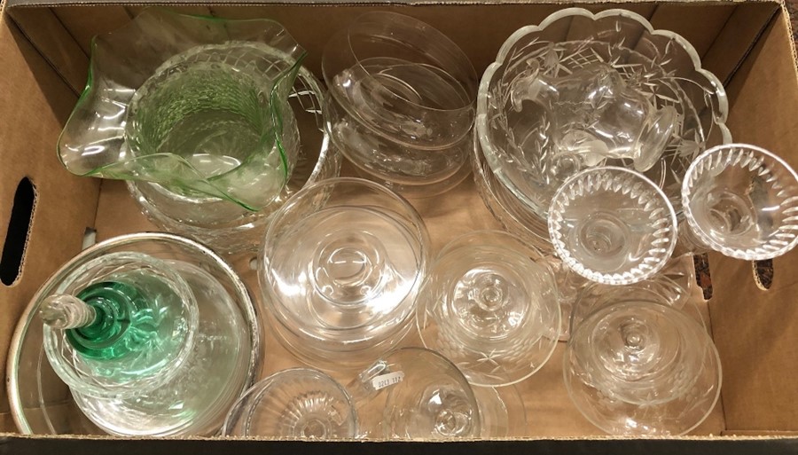 A box of glass including fruit bowls, sundae dishes, candlesticks etc.