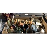 A box of ornaments including a large model of a tiger, decorated ostrich egg, various clocks,