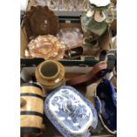 Two boxes to include carnival glass, Serrano ham stand, Pair of clogs, vodka barrel etc. (2)