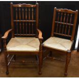 A set of six good quality oak rope seat set dining chairs, in the 18th century style - four side