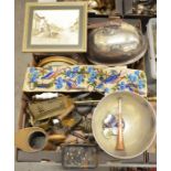 Two boxes containing antique copper and brass to include large copper lidded pan and pitcher,