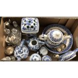 Mixed box of Chinese/European blue and white porcelain and china to/w a pair of silver petal pin