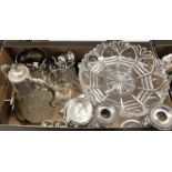 A mixed box of glass including claret jug, water jugs, two piece tazza to/w silver plate including