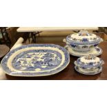 A large blue and white willow pattern turkey plate to/w a Mintons oval soup tureen, cover and