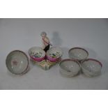 A late 19th century/early 20th century Berlin porcelain double salt and four teabowls