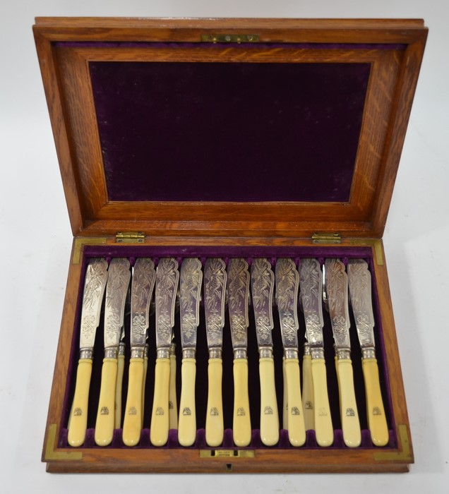 An Edwardian oak-cased silver fish knives and forks - Image 2 of 5