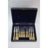 A Victorian leather-cased part set of six each silver dessert knives and forks