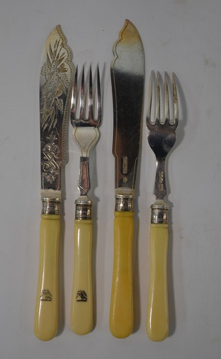 An Edwardian oak-cased silver fish knives and forks - Image 3 of 5