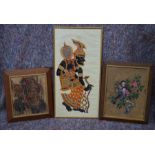Two Thai tobacco leaf paintings to/w an Indonesian shadow puppet (3)