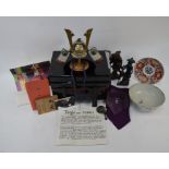 A mixed lot of Asian collectables and ceramics including a miniature Kabuto