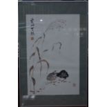 A framed and silk mounted Chinese brush painting of Grouse by Laurette Elliot