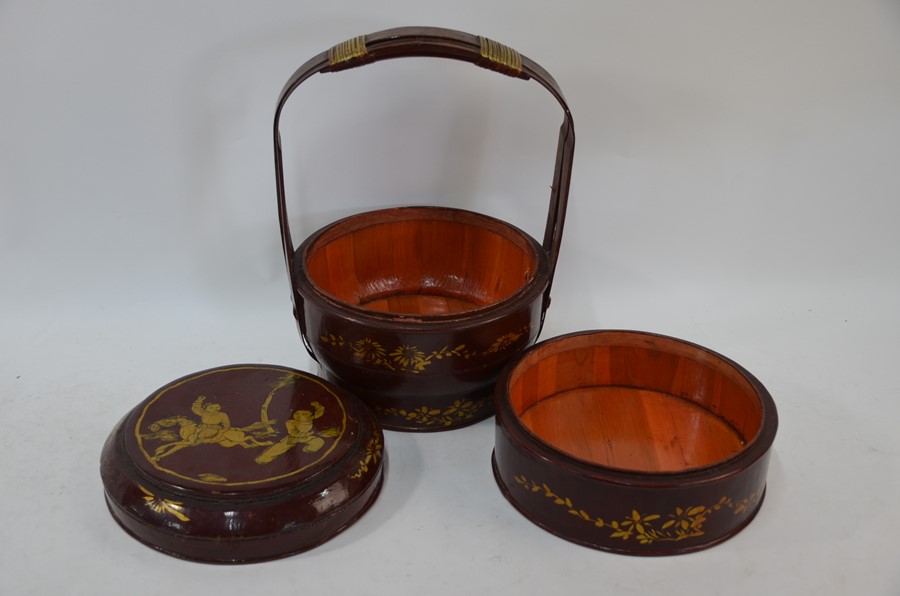 A Chinese lacquered bamboo and wicker bound wedding basket - Image 2 of 8