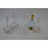 Fruit and vine etched decanter and glasses etc.
