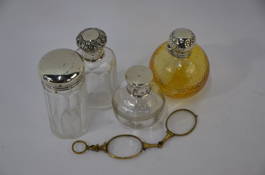 Four silver topped scent bottles and pair of lorgnettes