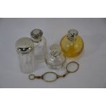 Four silver topped scent bottles and pair of lorgnettes