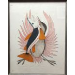 Inuit lithograph of bird and fish