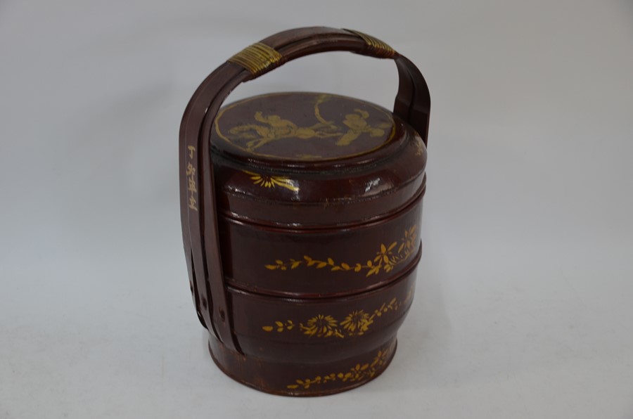 A Chinese lacquered bamboo and wicker bound wedding basket