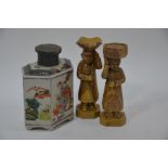 A 19th century Chinese famille rose caddy to/w a pair of soapstone attendants (3)