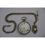 A Victorian silver pocket watch & silver curb-link Albert chain