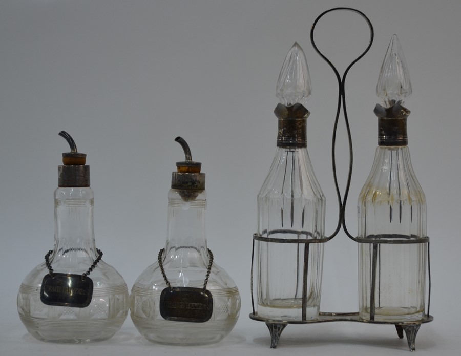 A pair of George III cut glass oil and vinegar bottles, pair of bitters bottles and labels - Image 2 of 5