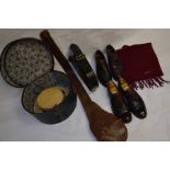A Kashmir ivory wool shawl, military belt, vintage gentlemen's shoes etc.
