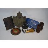 Various collectables, including three tin fire-marks