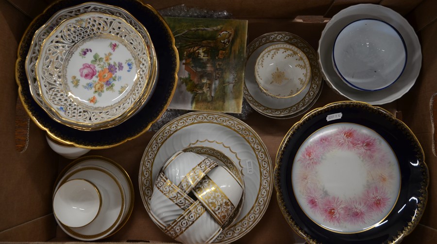 A box including early 19th century English gilt decorated teawares, two French tazza, three