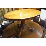 A Victorian mahogany oval loo table raised on a tapering octagonal column and triform supports