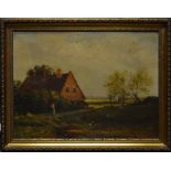 English school - Red bricked cottage in a landscape, oil on canvas, 34 x 47 cm label to reverse