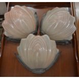 Three Art Deco style wall lights with frosted pink moulded glass shades (3)Edges are rough but no