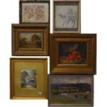 A mixed box of pictures including Peter Munford prints of Winchester, map, watercolours etc