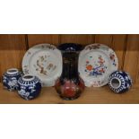 An 18th century Chinese famille rose plate, 18th century Imari decorated plate (a/f), and three