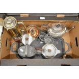 A hammered Tudric Pewter four piece tea service to/w plated teapots, water jugs etc (box)