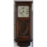 An oak cased twin train ogee wall clock with glass panel, painted dial Roman numerals, 83 cm high