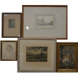 A mixed box of pictures including S R Jones view of Blandford, pencil, portrait of young lady,