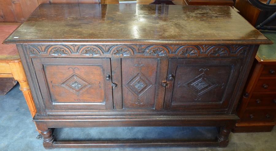 A 19th century lunette carved oak sideboard with panelled doors, turned supports and stretchers, - Image 2 of 4