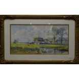 Arthur Willett - A summer pastoral view with sheep and figure, watercolour, signed, 17 x 34 cm