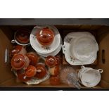 Box to include part china service, glass saucers, decanter and Nice pottery ramekins etc