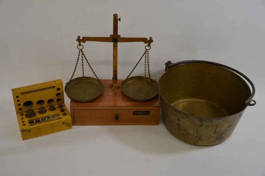 A set of Troy scales, Swiza mantle clock, brass candlestick with copper hood, brass saucepan, 3 - Image 3 of 3