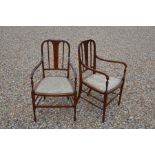 A pair of Sheraton style inlaid mahogany parlour chairs with silk seat pads (2)