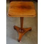 A Victorian mahogany square occasional table on tapering octagonal column and concaved triform base