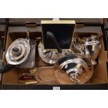 Mixed box of silver plate to include boxed set of grapefruit spoons, covered dish, tea pot, butter
